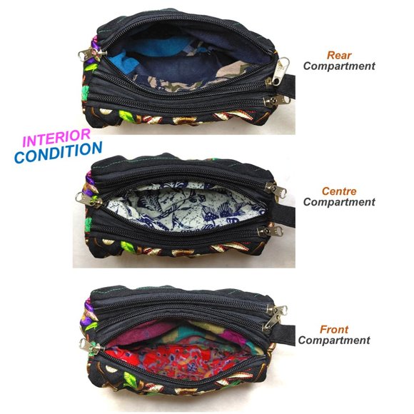 Embroidered Floral Fabric Wristlet Pouch Black Pink 3-Layer Zipper Wallet Lined - Picture 8 of 11